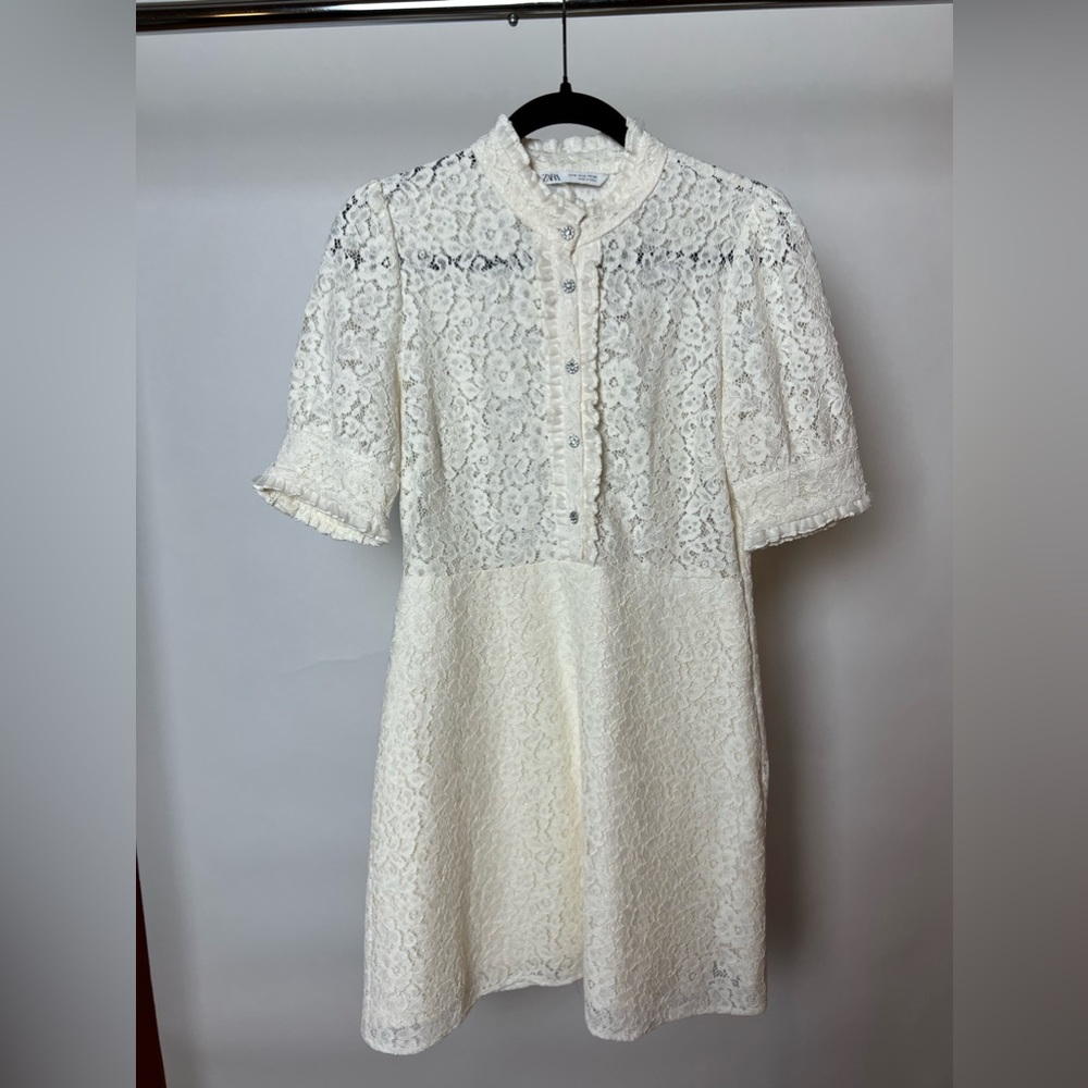 Zara white/cream lace dress with rhinestone buttons